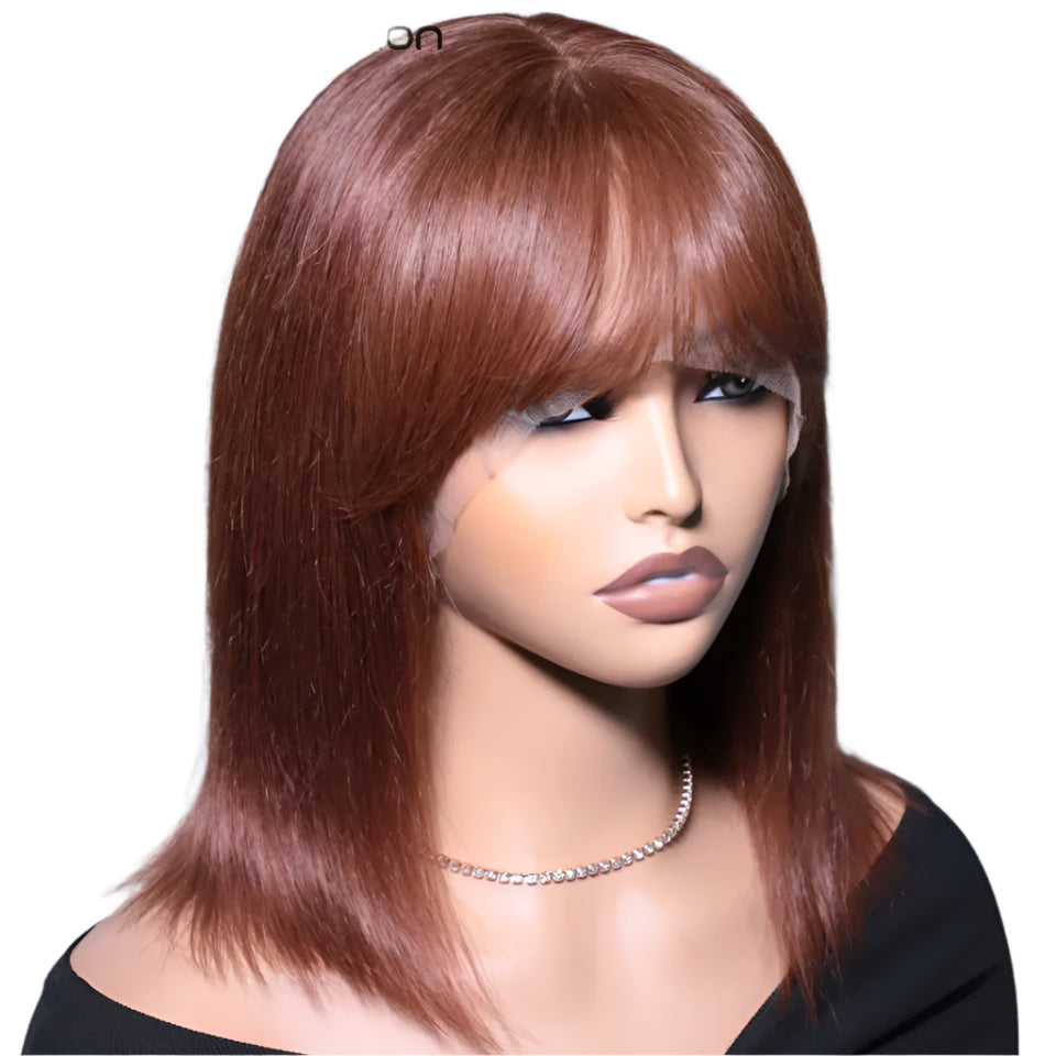 Reddish Brown Bob Wig | Straight Human Hair Lace Front with Bangs Luxegan