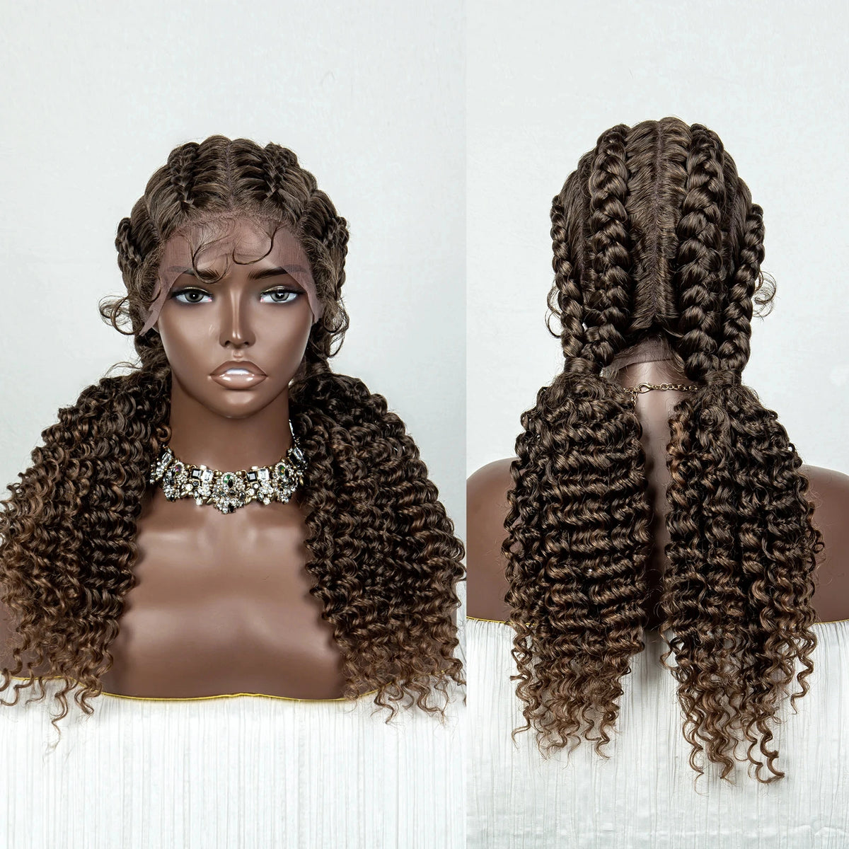 22" Box Braids Full Lace Wig | Two Curly Ponytails | Baby Hair | Synthetic Braided Wig