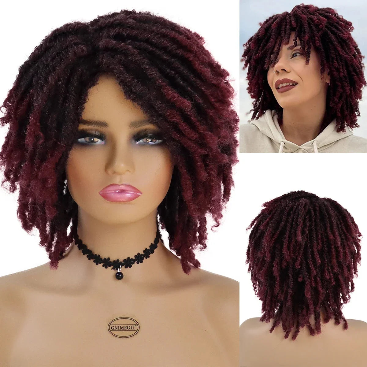 Ombre Brown Short Curly Faux Locs Wig | Crochet Braids | Afro Hip-Hop Style | Black Women