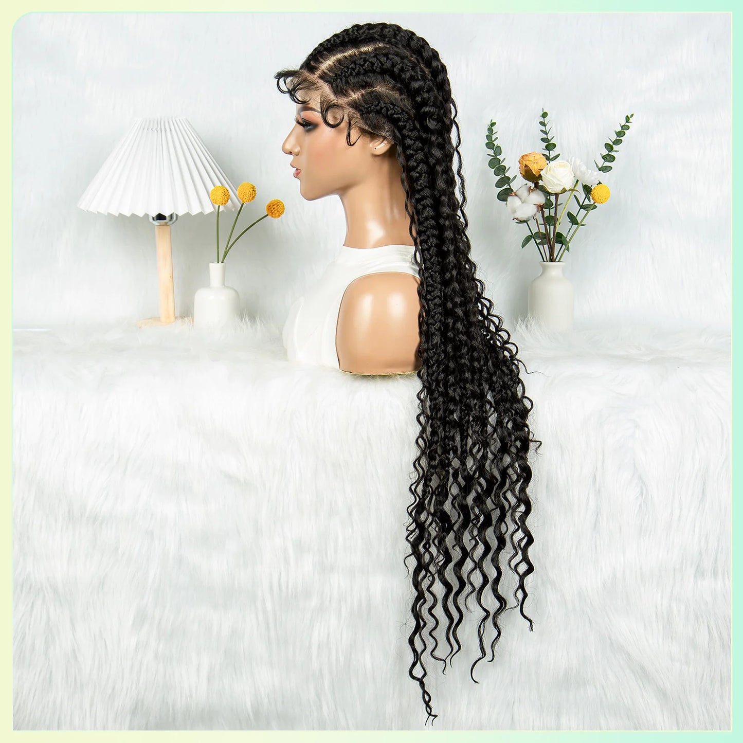 Cornrow Braided Wigs Synthetic Transparent Full Lace Wig With Baby Hair Braiding Wig Boho Cornrow Wig Curly End For Black Women