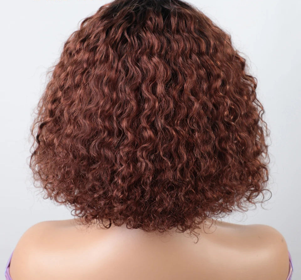 Brown Ombre Afro Kinky Curly Bob Human Hair Wig with Bangs | Brazilian Remy Loose Deep Wavy Wigs for Women Luxegan