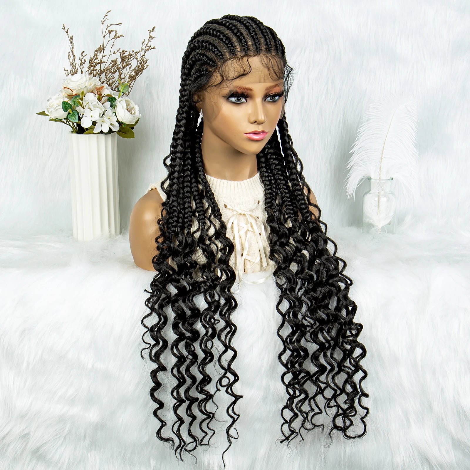 2024 KIMA Cornrow Water Wavy Braided Full Lace Wig with Baby Hair | Synthetic African Braid Lace Front Wig Luxegan