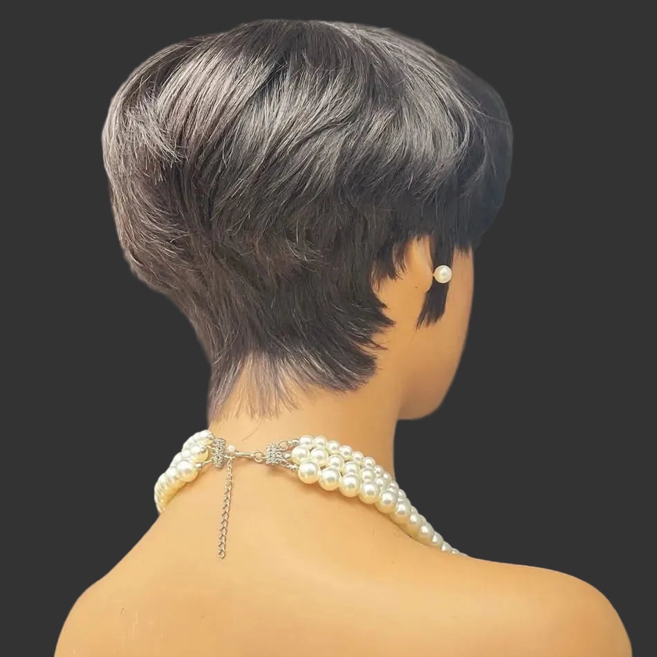 Glueless Full Lace Short Pixie Cut Wig | 100% Brazilian Human Hair Pixie Bob with Bangs | Premium Remy Hair Straight Wigs for Women | Medium Brown Normal Lace Free Part Natural Color Short Vestido Luxegan
