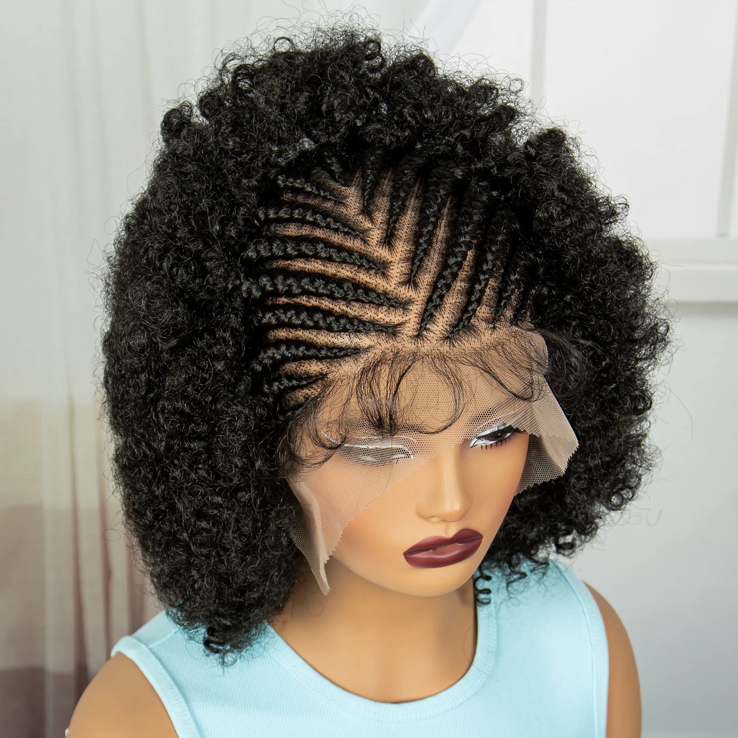 8" Short Afro Kinky Curly Cornrow Braids Wig | Full Lace | Baby Hair Luxegan