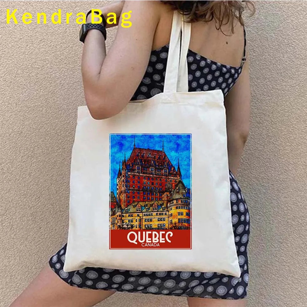 Canadian City Landscape Cotton Canvas Tote Bag | Happy Canada Day Tourist Gift | Reusable Eco-Friendly Shoulder Handbag (Women) Luxegan