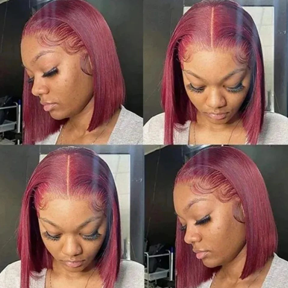 Burgundy HD Transparent Short Bob Wig | 99J Red Straight | 13x6x1 Lace Front Wig | Brazilian Remy Hair | Pre-Plucked