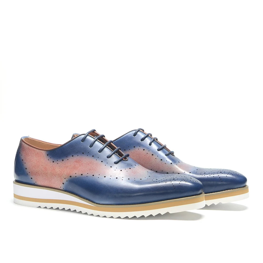 Luxury Men's Duotone Plain Toe Oxfords | Real Leather Wingtip Brogue Casual Dress Shoes (Height Increasing) Luxegan