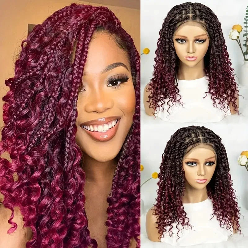 Burgundy Boho Knotless Braids Bob Wig with Curly Ends | Full Lace Luxegan