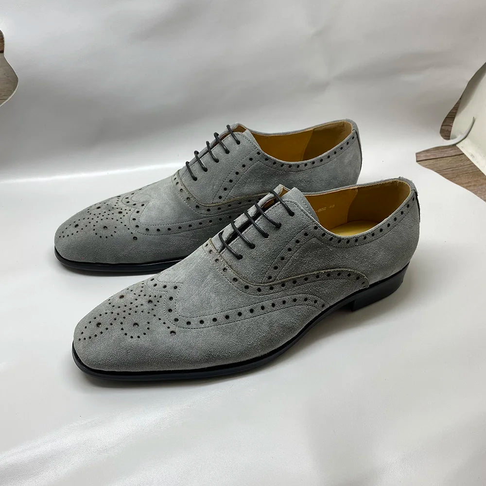 4 Colors Luxury Men's Genuine Leather Cow Suede Brogue Oxfords | Carving Design Casual & Wedding Dress Shoes Luxegan