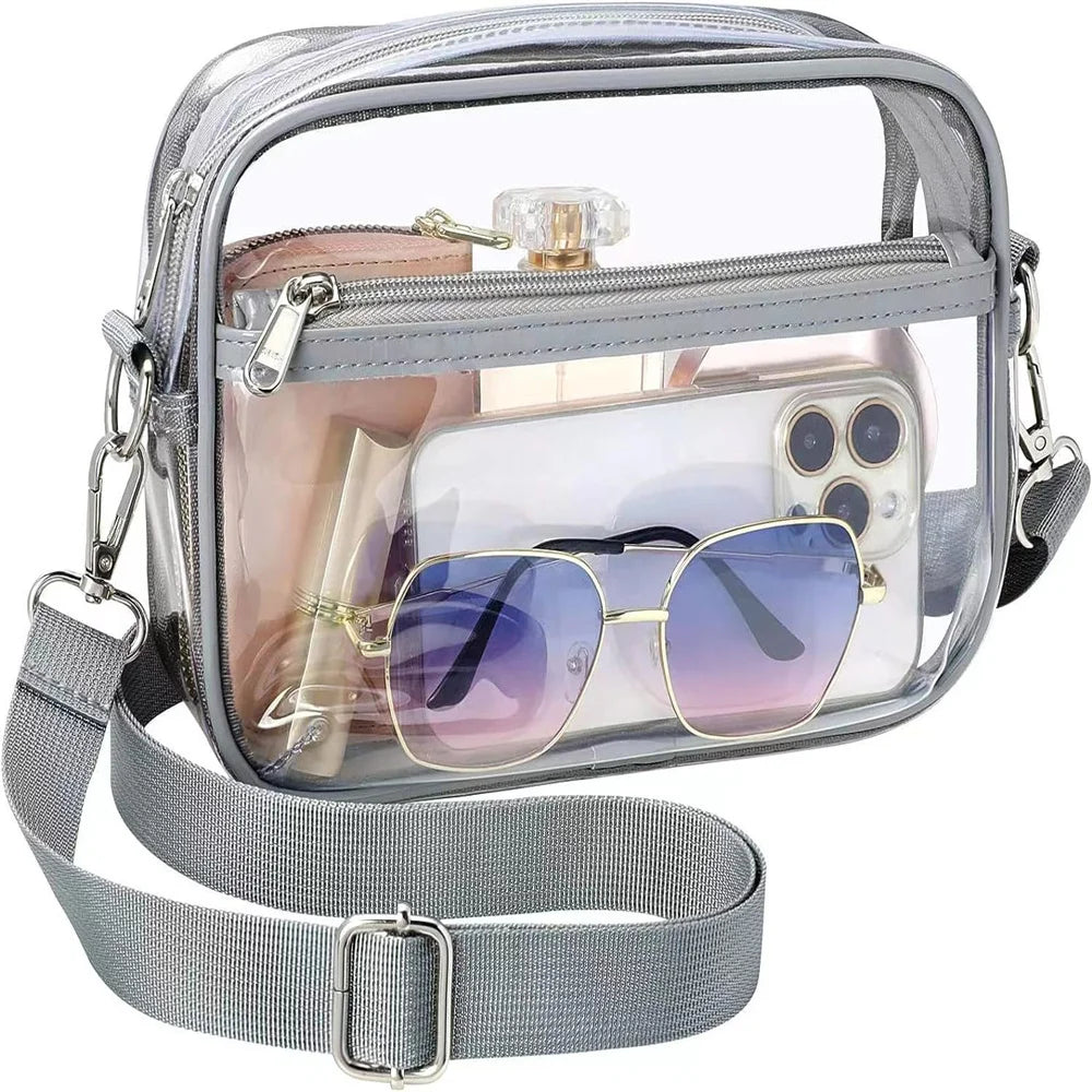 Transparent PVC Crossbody Bag | Ladies Jelly Square Shoulder Messenger Bag & Waterproof Cosmetic Bag (Female Phone Purse for Travel) Luxegan