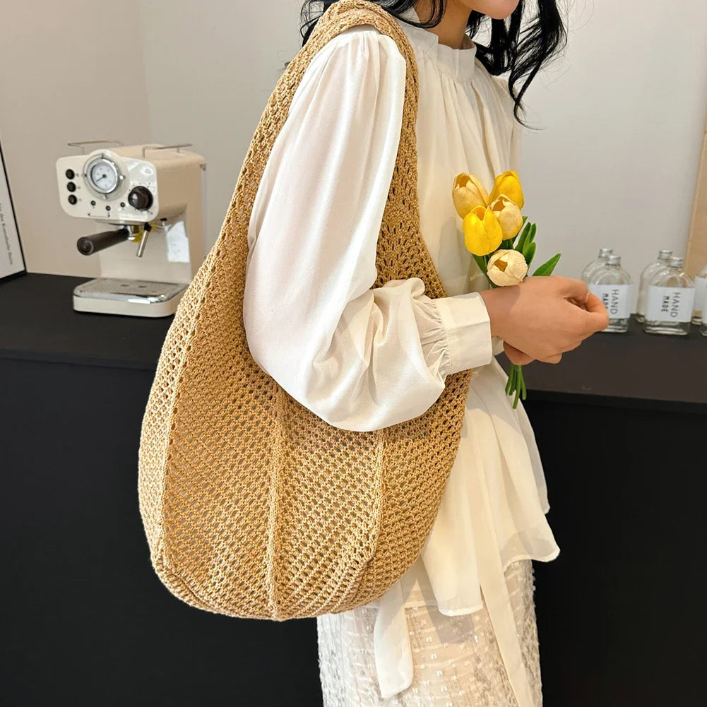 Women’s Casual Straw-Style Shoulder Bag | Large Capacity Handmade Wicker Woven Tote | Bohemian Hollow-Out Summer Beach Messenger Bag Luxegan