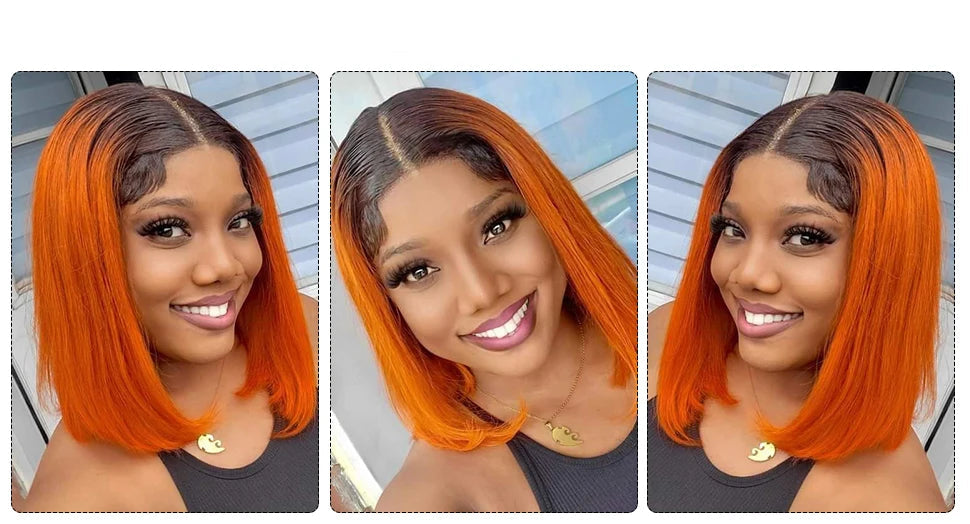 180% Density Dark Root Ginger Ombre Straight Bob Wig | Transparent T-Part Lace Front Human Hair Luxegan