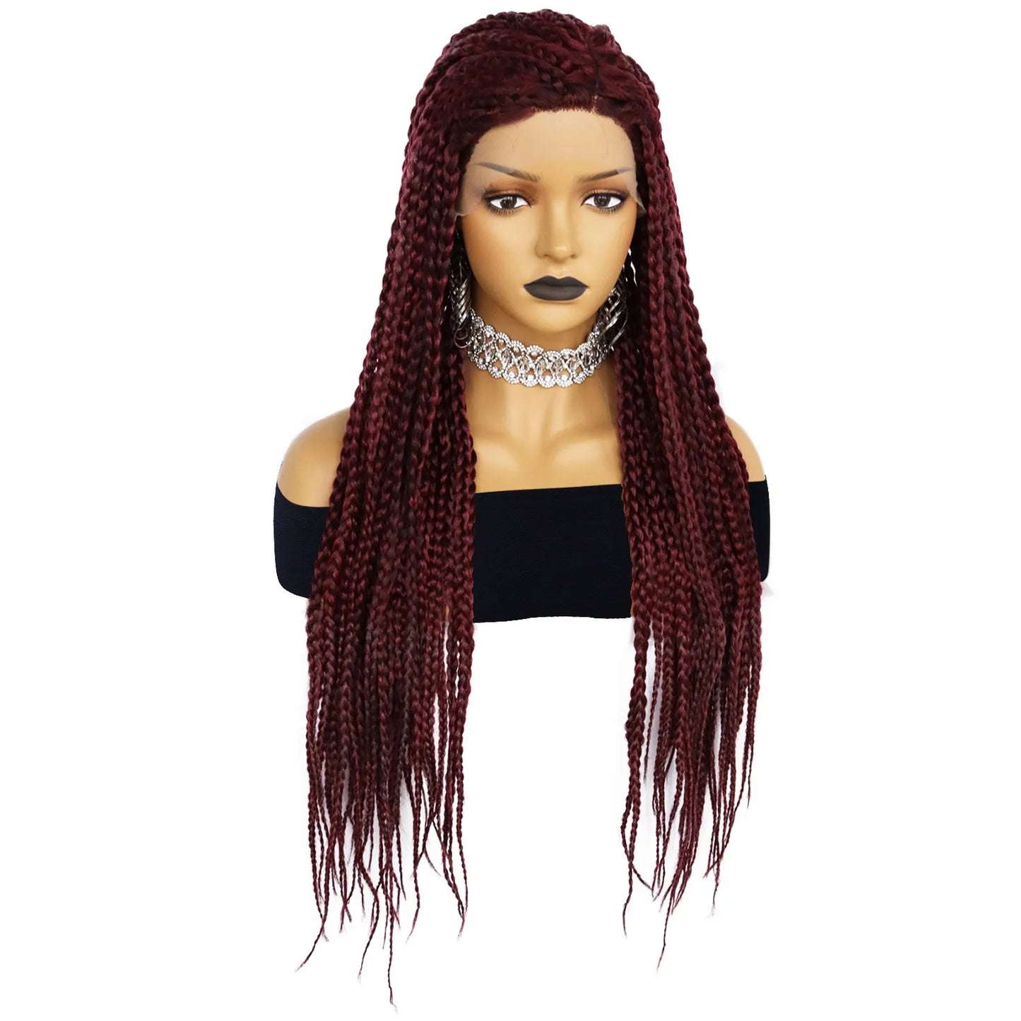 Wine Red 28" Long Braided Lace Front Wig | Synthetic Dreadlocks | Knotless Cornrow Twist | For Women