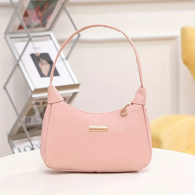 Fashion Shoulder Bag for Women | Solid Color Synthetic Leather Handbag with Zipper Closure | Versatile Underarm Dumpling Purse Luxegan