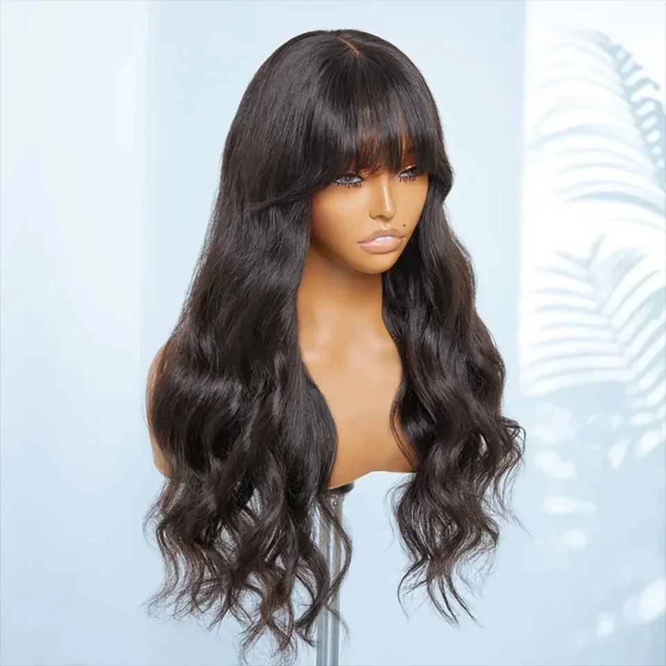 Natural Color 22" Body Wave Wig with Bangs | 180% Density Remy Human Hair Middle Part Lace Luxegan