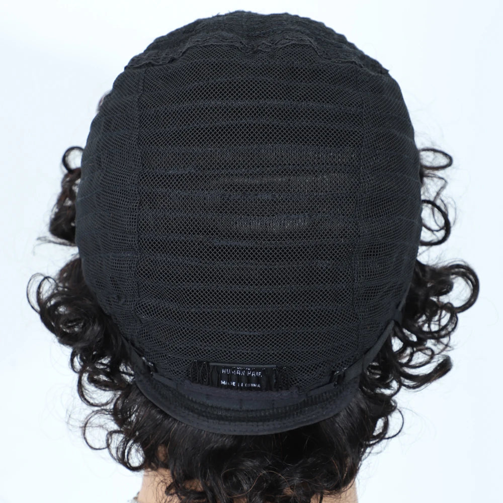 Sleek Short Pixie Afro Kinky Curly Human Hair Wig | Glueless Natural Brown 99J Bob with Bangs Luxegan