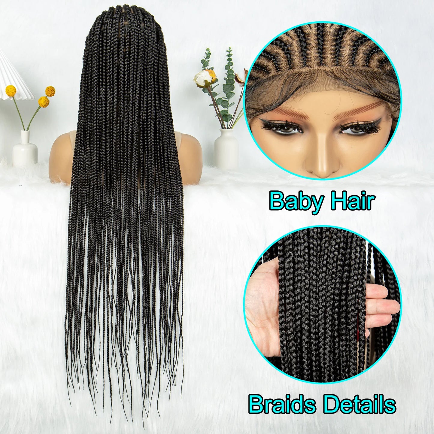 34" Handmade Cornrow Braided Wig | Full Lace Knotless Box Braids | Baby Hair | Transparent Lace | Black Women