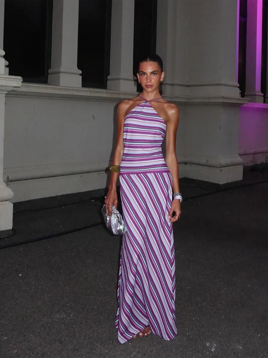 Swinging Collar Sleeveless Wavy Stripe Print A-Line Slim Waist Midi Dress | Chic Holiday Vacation - view 2