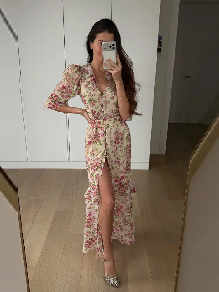 Flutter Sleeves Slim Long Dress Women Casual Pleated Deep V-neck Floral Print High Waist Dresses 2026 Lady Summer Holiday Wear