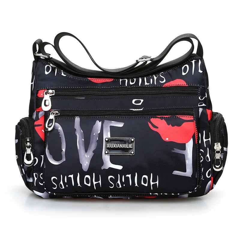 Floral Print Crossbody Bag for Women | Trendy Multi-Layer Nylon Shoulder Bag | Lightweight Travel Messenger & Satchel with Rivet Details Luxegan