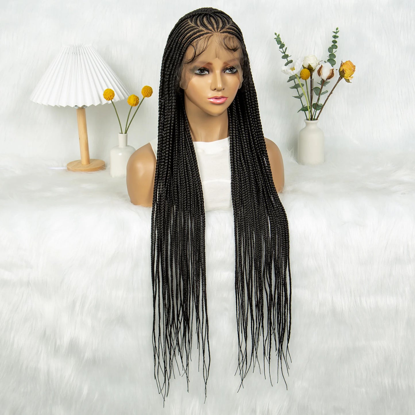HD Transparent Full Lace Cornrow Knotless Box Braids Wig | Synthetic Goddess Braided Wig for Black Women Luxegan