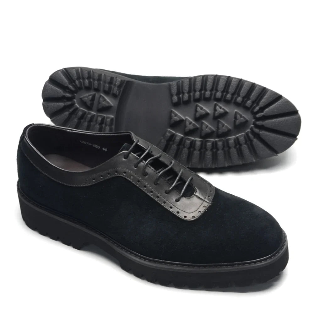 Designer Luxury Platform Oxfords for Men | Cow Suede Genuine Leather Black & Blue Casual Sneakers (Height Increasing) Luxegan