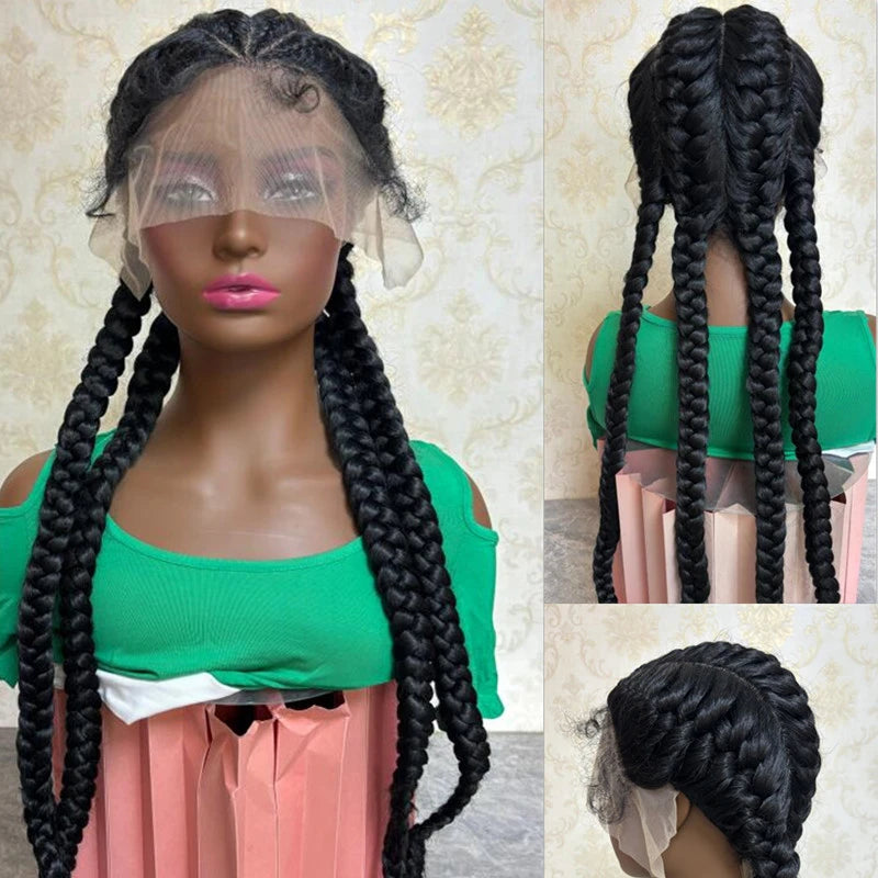 4-Braids Full Lace Braided Wig | Natural Dark Synthetic Wig | Heat Resistant | Black Women Luxegan