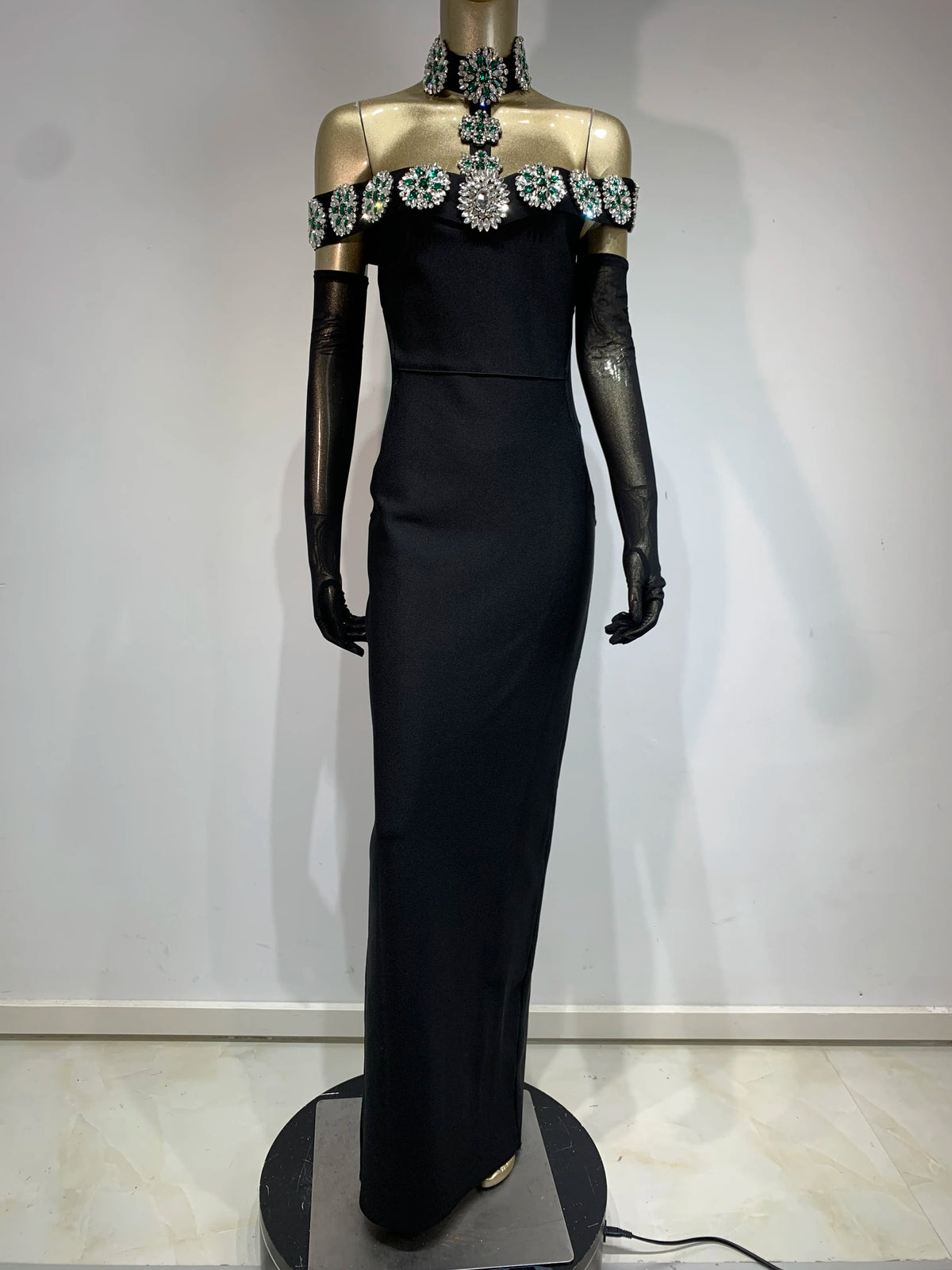 Women's Celebrity Black Bandage Maxi Dress | Sexy Diamonds Crystal Evening Gown | Elegant Off-The-Shoulder Bodycon Party Dress | Premium High Stretch Knit Slim Fit Floor-Length Luxegan