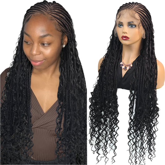 36" Boho Knotless Box Braids Wig | Full Lace | Cornrows & Curly Ends | Synthetic Braided Wig
