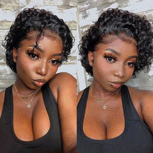 Short Curly Pixie Cut Wig | Water Wave Bob Wig | 13x1 Transparent Lace Front Human Hair Wig