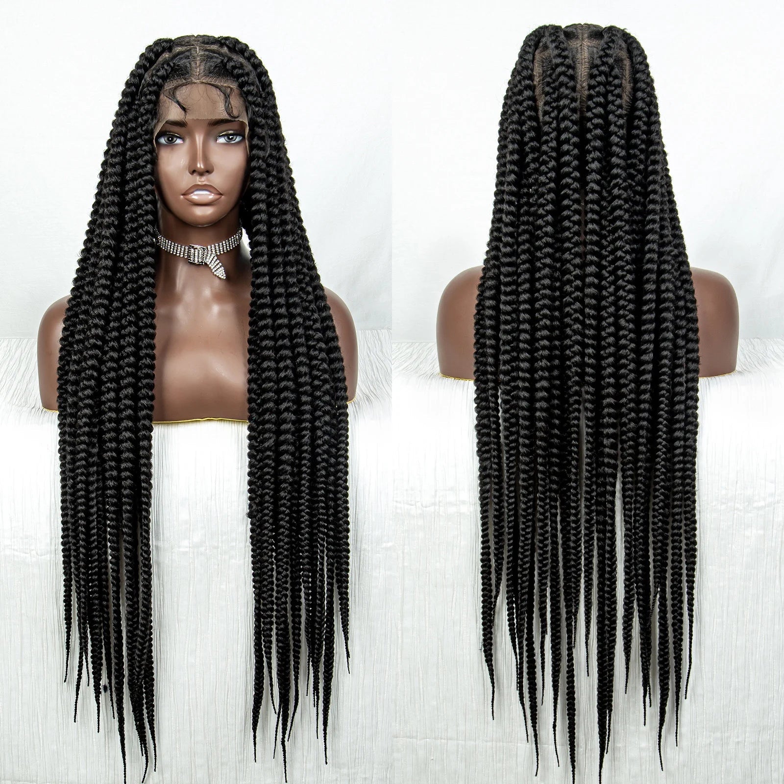 34" Jumbo Box Braids Wig | Full Lace | Cornrow Accents | Natural Color | Kanekalon Luxegan