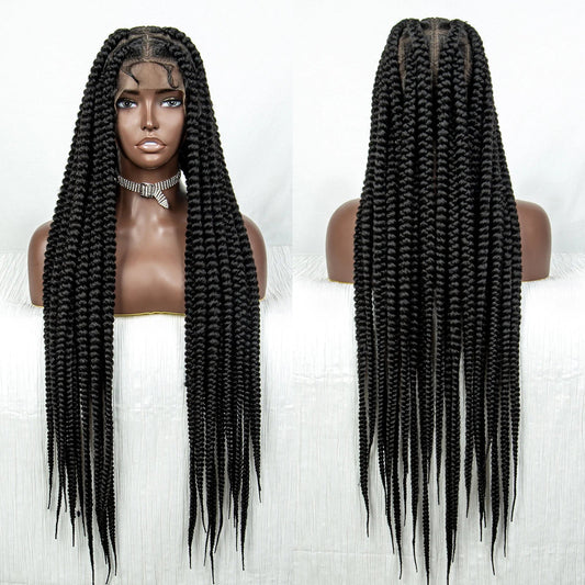 34" Jumbo Box Braids Wig | Full Lace | Cornrow Accents | Natural Color | Kanekalon Luxegan