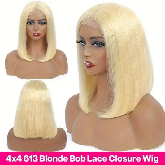 613 Blonde Straight Short Bob Wig - 13x4 & 4x4 Transparent Lace Frontal Human Hair Wig - 150% Density Pre-Plucked Honey Blonde Brazilian Remy Wig for Women (8-16 Inch) Luxegan