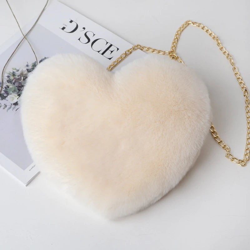 Corduroy Floral Casual Tote | Soft Cute Heart-Shaped Faux Fur Chain Shoulder Bag Luxegan