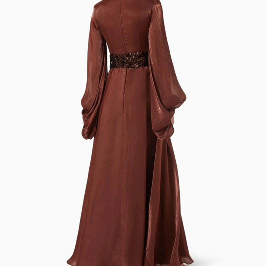Sequined Draped A-Line Prom Dress | High-Neck Full Sleeve Ankle-Length Evening Gown - view 2