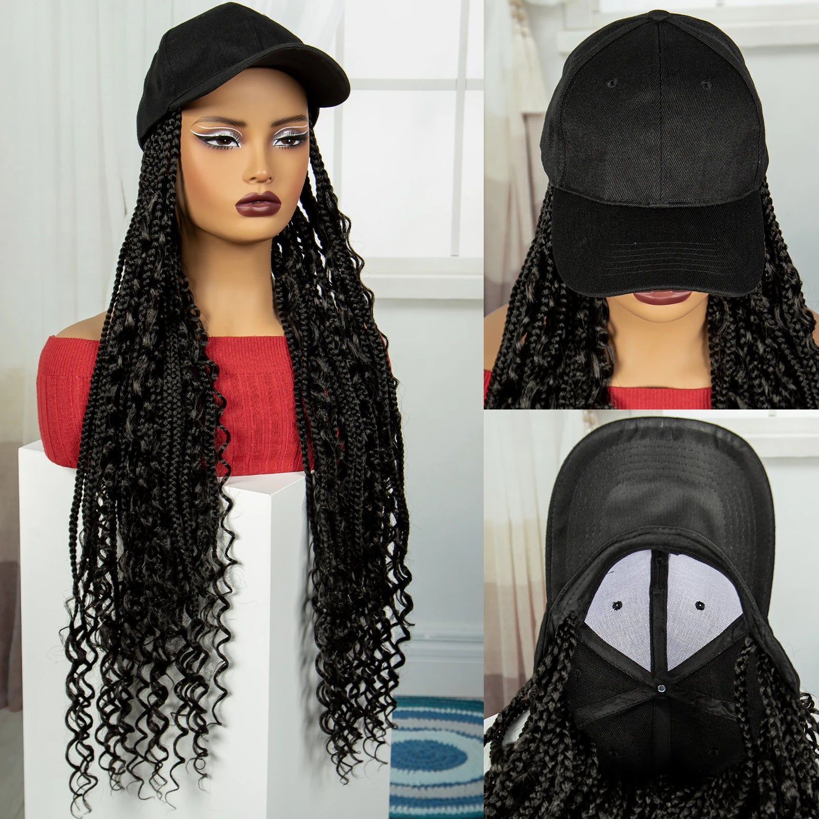28" Curly Knotless Box Braids Hat Wig | Synthetic Baseball Cap Wig Luxegan