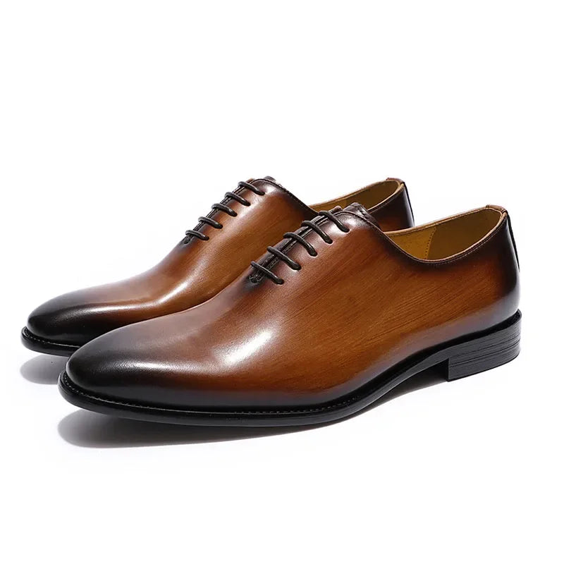 Designer Genuine Leather Wholecut Oxfords | Luxury Brand Pointed-Toe Dress Shoes | Elegant "Classic Single-Piece" Silhouette | "Dignified" Waterproof Cow Leather Footwear for Radiant Versatile Business & Formal Styling Luxegan