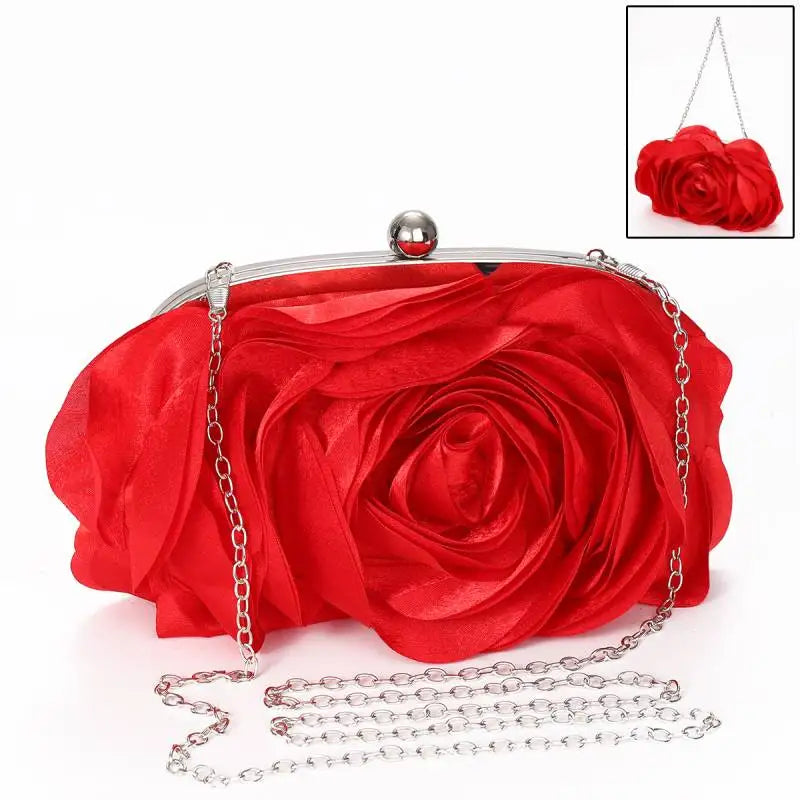 Luxury Flower Bride Evening Clutch Purse | Embroidered Ruched Floral Party Handbag | Premium Satin-Lined Wedding Wallet | Elegant Minaudiere Chain Shoulder Bag Model EB034 Luxegan