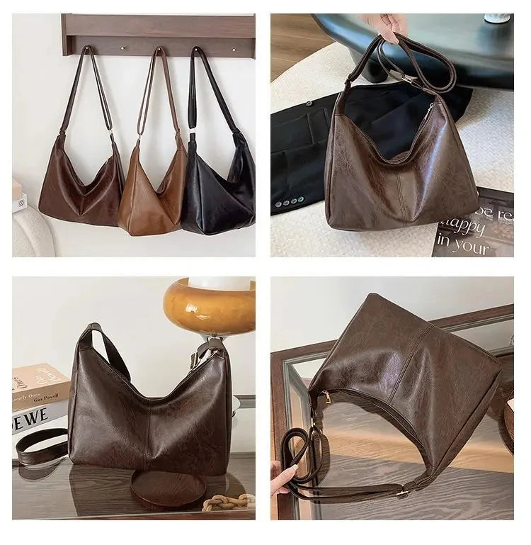 Maillard Style PU Leather Commuter Tote | Vintage High-Capacity Fashion Handbag | Stylish Texture Crossbody & Shoulder Bag for Women (Temperament Collection) Luxegan