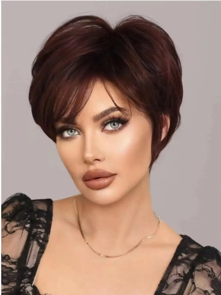 Deep Red Curly Pixie Wig with Bangs | Short Synthetic Heat-Resistant Daily Wig Luxegan
