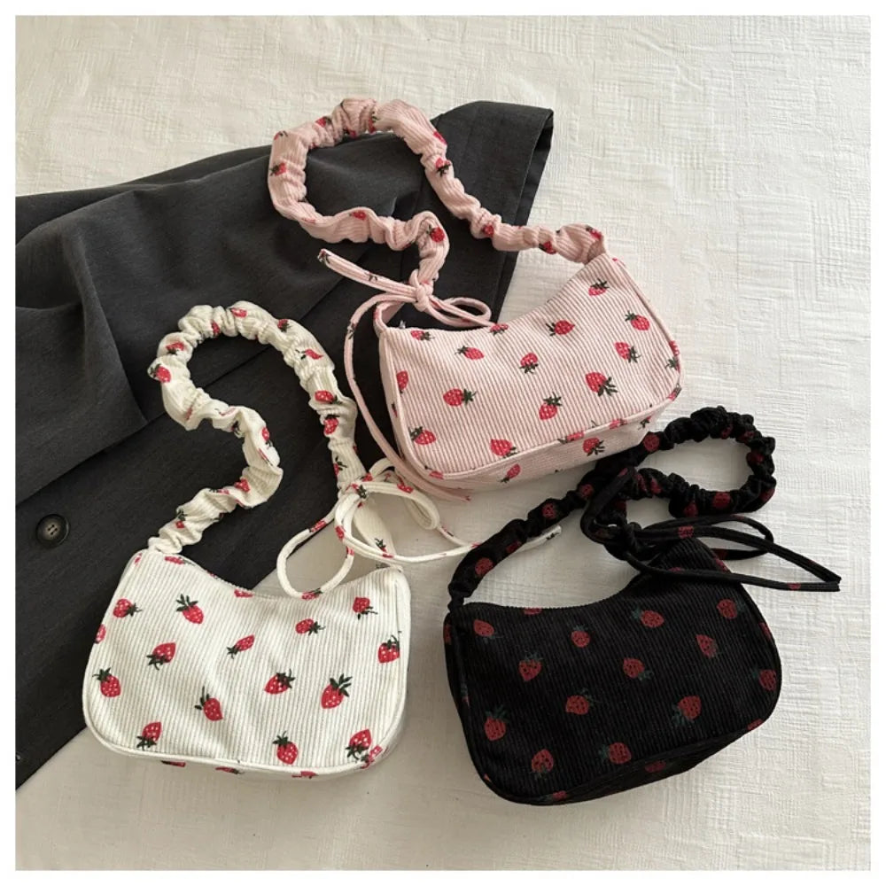 Corduroy Solid Casual Tote | Soft Y2K Strawberry Large Capacity Underarm Bag Luxegan