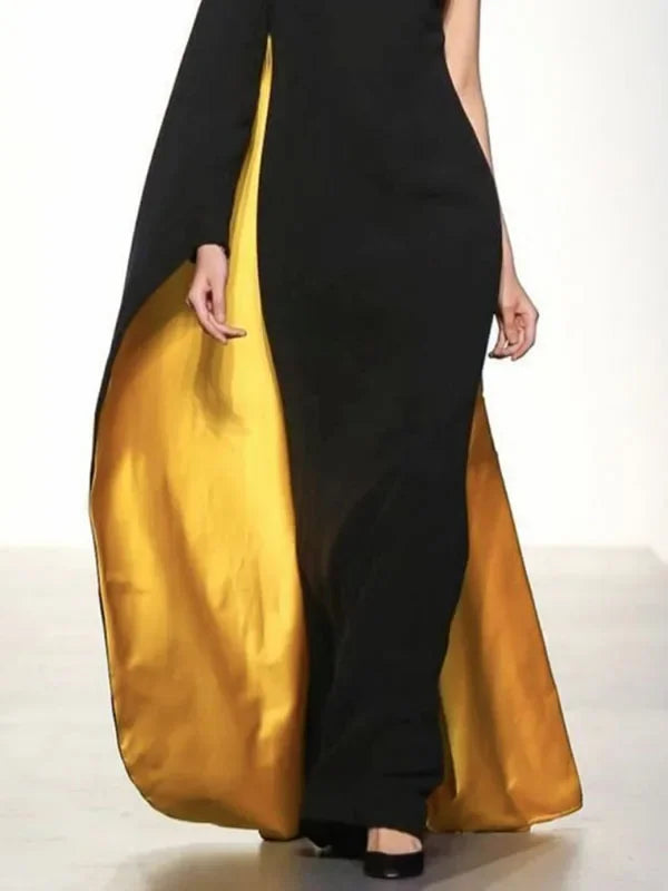 Black & Gold Contrast Color One-Shoulder Dress | Sophisticated Round Neck Slim Fit Silhouette | Elegant "Ankle-Length" High Waist Gown | "Dignified" Asymmetrical X-Shape Evening Party Dress for Radiant Versatile Styling