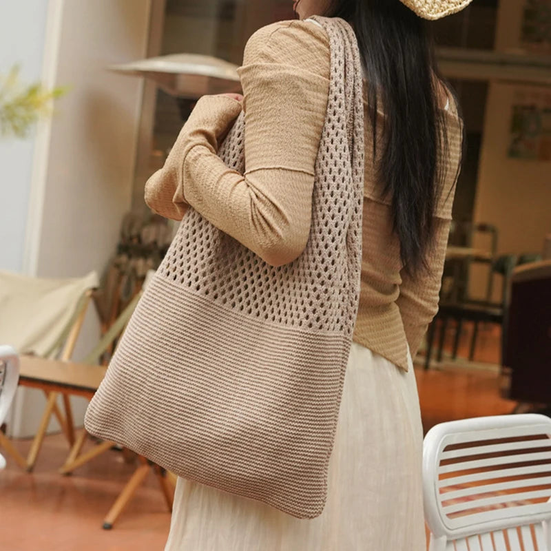Women’s Large Capacity Knitted Tote Bag | Summer Beach Big Purse | Casual Hollow Woven Shoulder Bag | Versatile Female Knitted Handbag (Model AAA) Luxegan