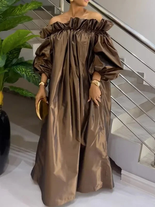 Solid Color Falbala Maxi Dress | Sophisticated Off-the-Shoulder Loose Silhouette | Elegant "Floor-Length" Falbala Gown | "Dignified" Puff Sleeve Streetwear Outfit for Radiant Versatile Styling Luxegan