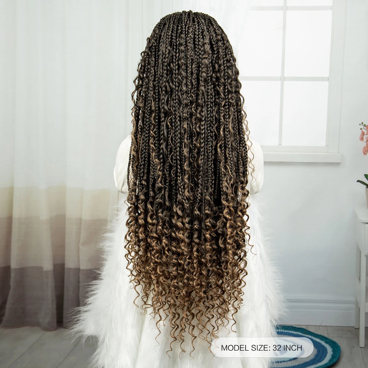 36" Knotless Box Braids Wig | Bohemian Style | Curly Ends | Lace Front | With Baby Hair | For Black Women