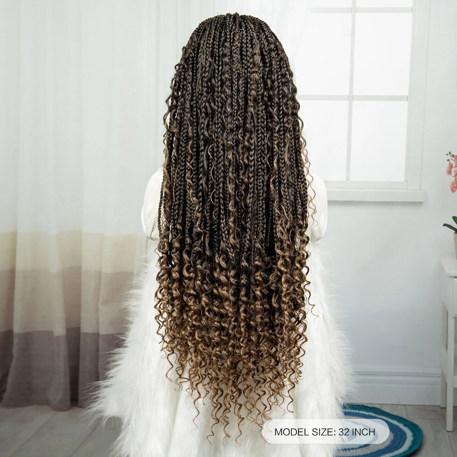 36" Knotless Box Braids Wig | Bohemian Style | Curly Ends | Lace Front | With Baby Hair | For Black Women