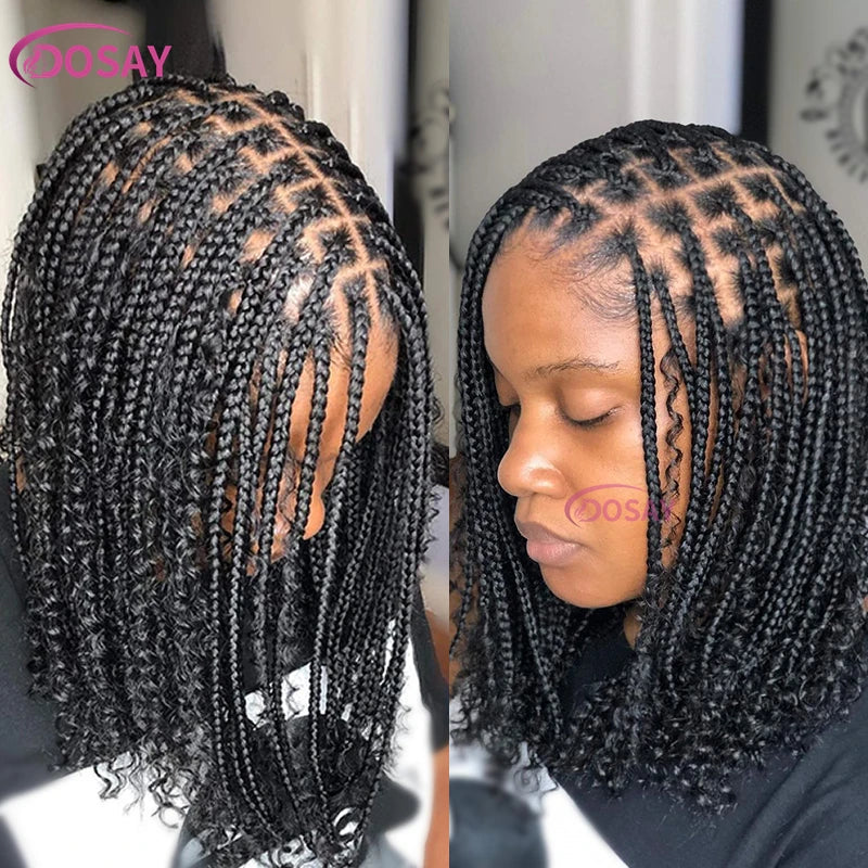 12" Curly Boho Braids Bob Wig | 360 Full Lace | Knotless Box Braids | Baby Hair Luxegan