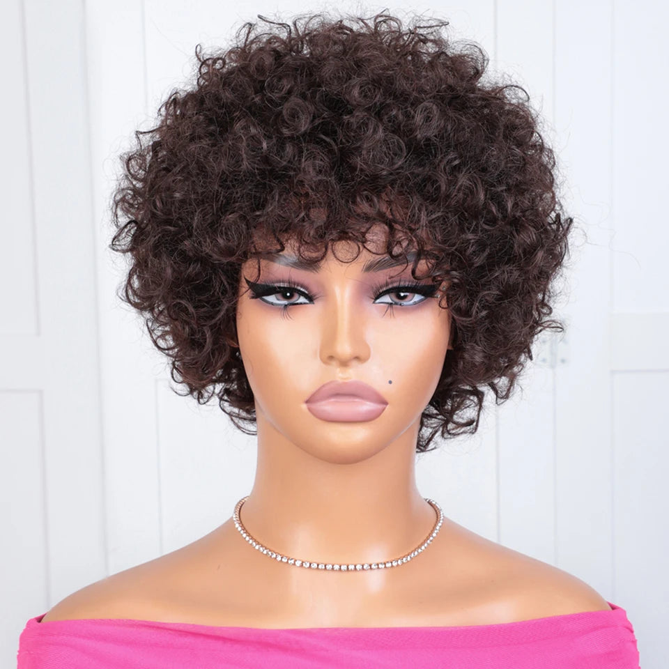 Peruvian Short Bob Pixie Afro Kinky Curly Wig with Bangs | Remy Human Hair Luxegan