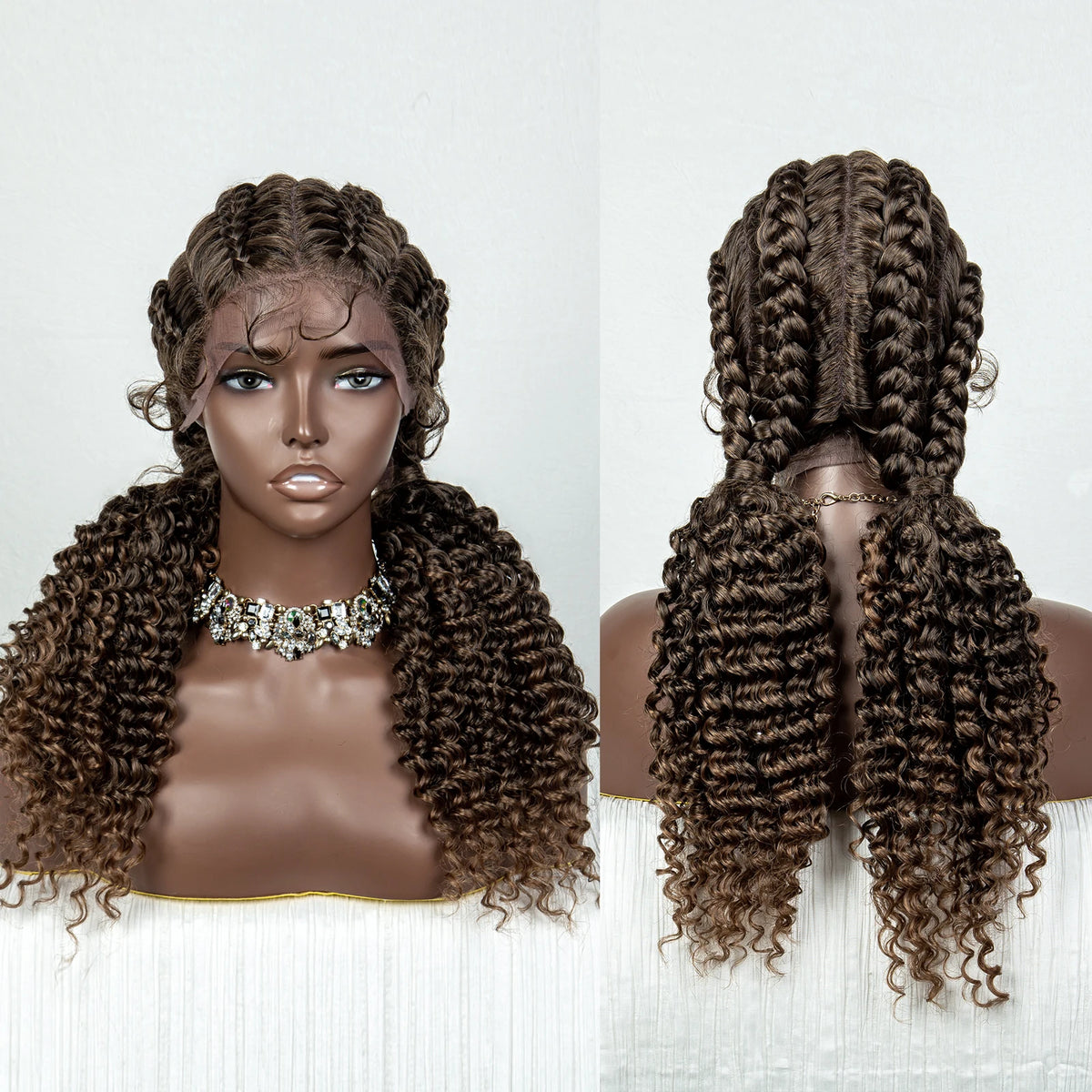 22" Box Braids Full Lace Wig | Two Curly Ponytails | Baby Hair | Synthetic Braided Wig
