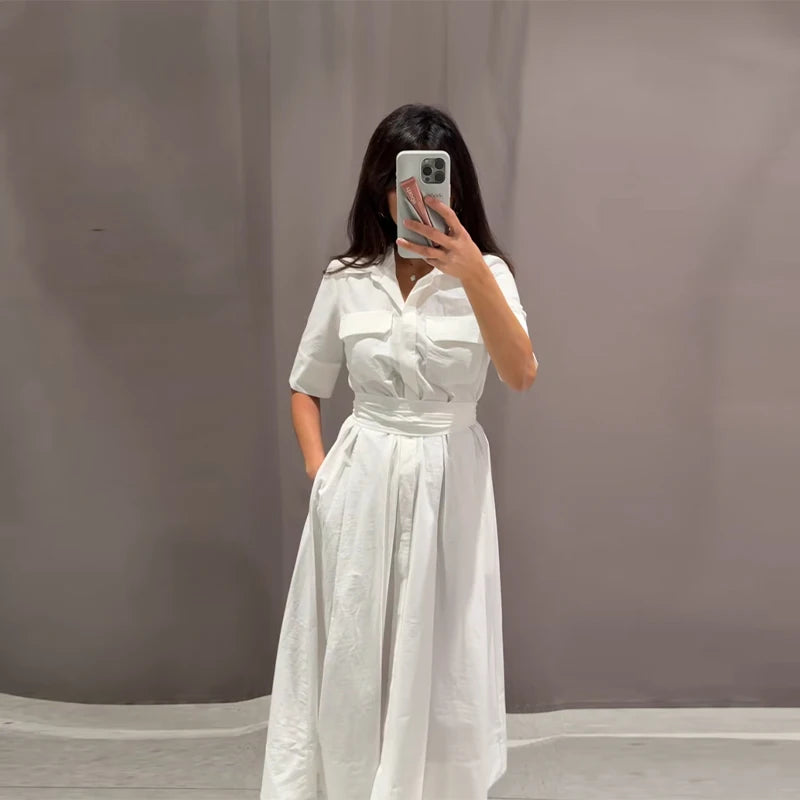 Striped & Solid Turn-Down Collar Half Sleeve Button Single-Breasted Regular Fit A-Line Mid-Calf Dress – Empire Waist, All Season Luxegan